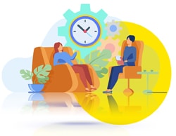 Pacing in Counselling Pacing in Counselling - icon showing a therapist and client in session with a clock in the background